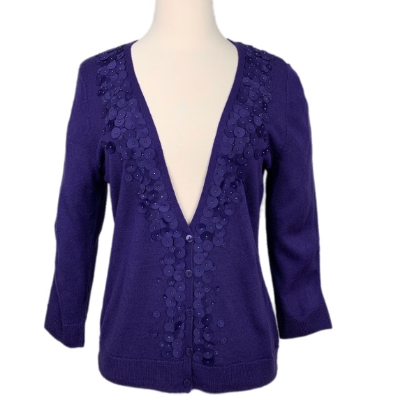 NY‎ & COMPANY Sweater Cardigan V-Neck Embellished 3/4 Sleeves Purple Medium - Picture 1 of 6
